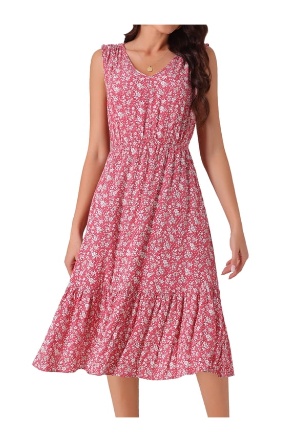 Women's Floral V Neck Sleeveless Midi Dresses L Red