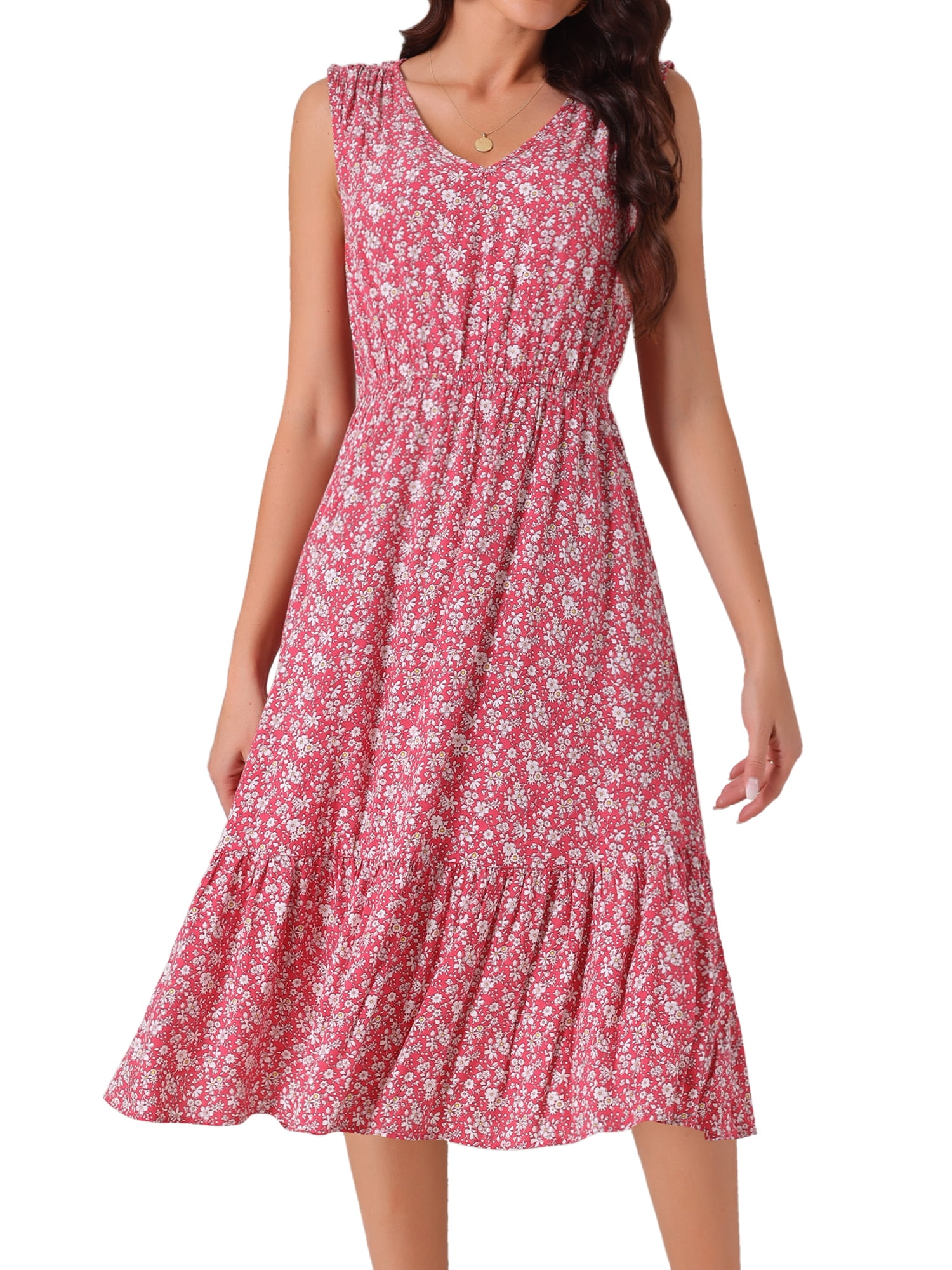 DARING DIVA Women's Floral V Neck Sleeveless Midi Dresses S Red