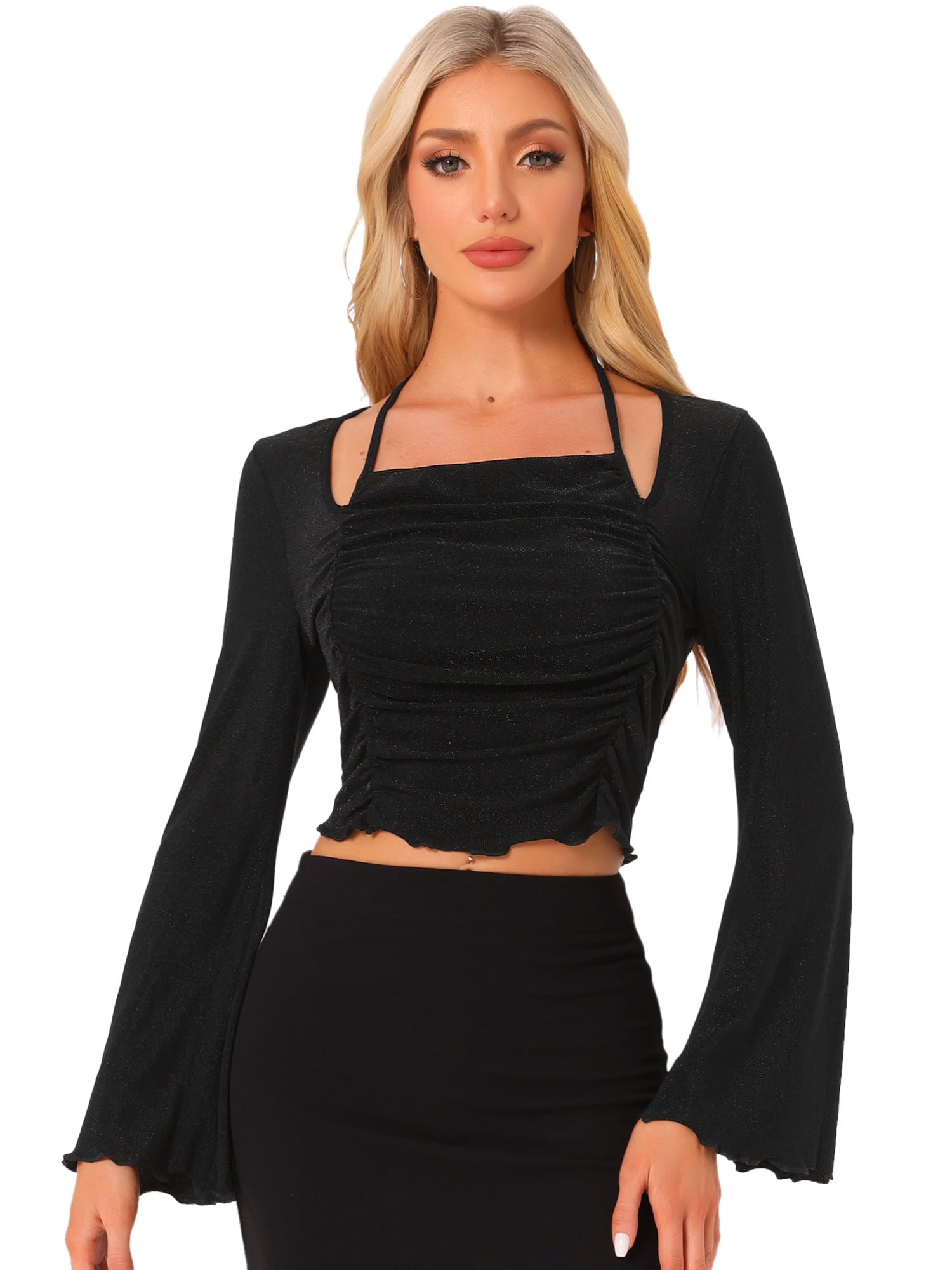 DARING DIVA Women's Flounce Ruched Tie Back Long Sleeve Crop Tops XL Black