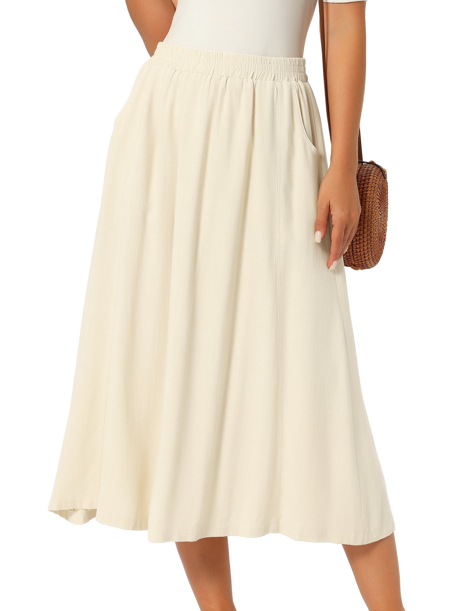DARING DIVA Women's Flowy High Waist A-Line Midi with Pockets Skirt Large Beige