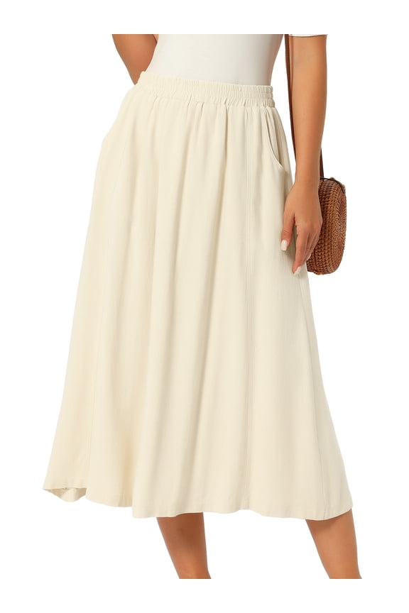 Women's Flowy High Waist A-Line Midi with Pockets Skirt Large Beige
