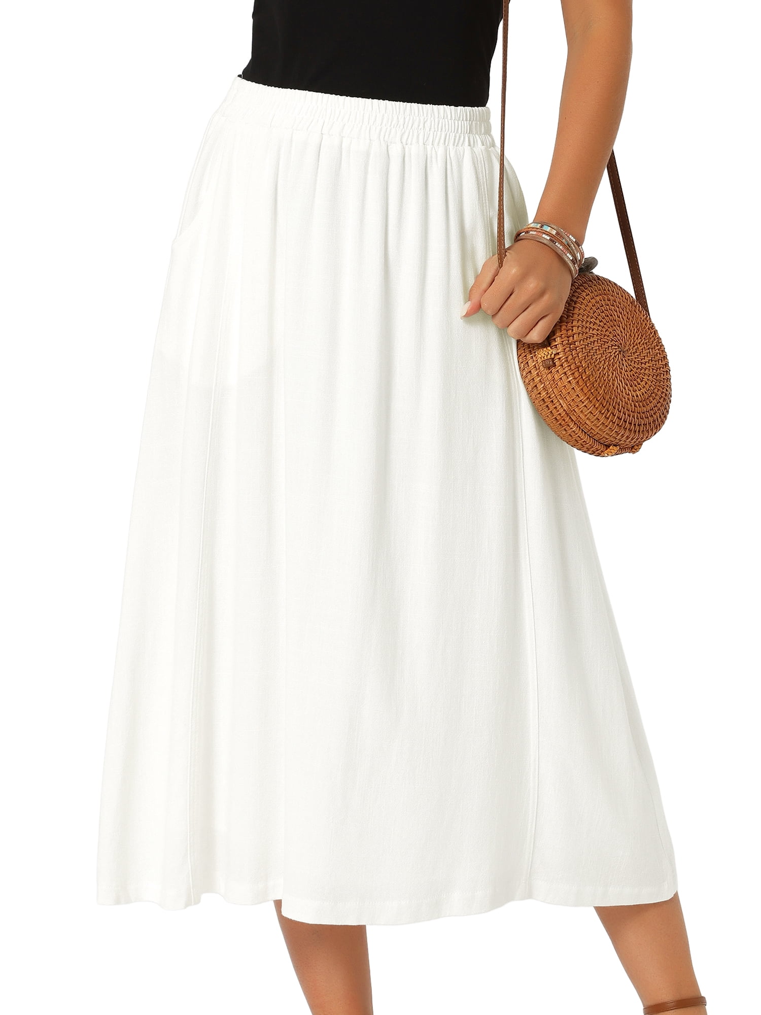 DARING DIVA Women's Flowy High Waist A-Line Midi with Pockets Skirt Small White