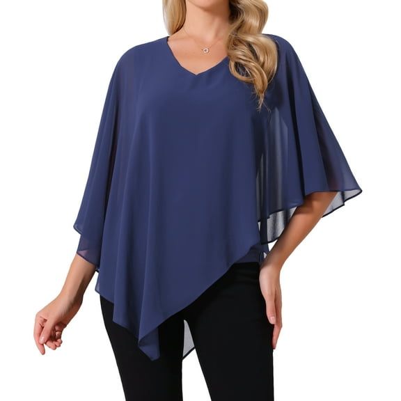 DARING DIVA Women's Flowy Asymmetrical V Neck Chiffon Blouse M Dark Blue