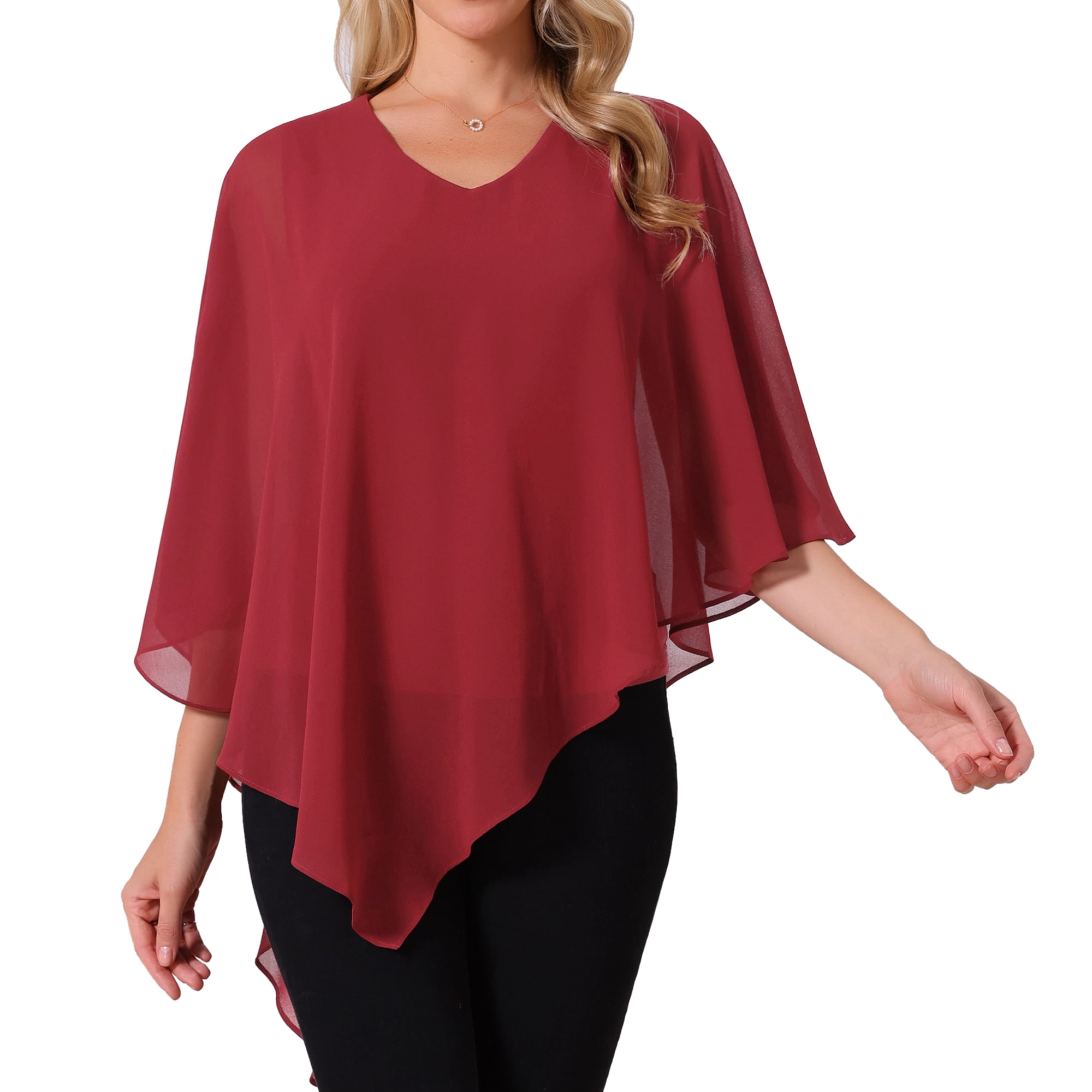 DARING DIVA Women's Flowy V Neck Chiffon Blouse Asymmetrical Top M Wine Red
