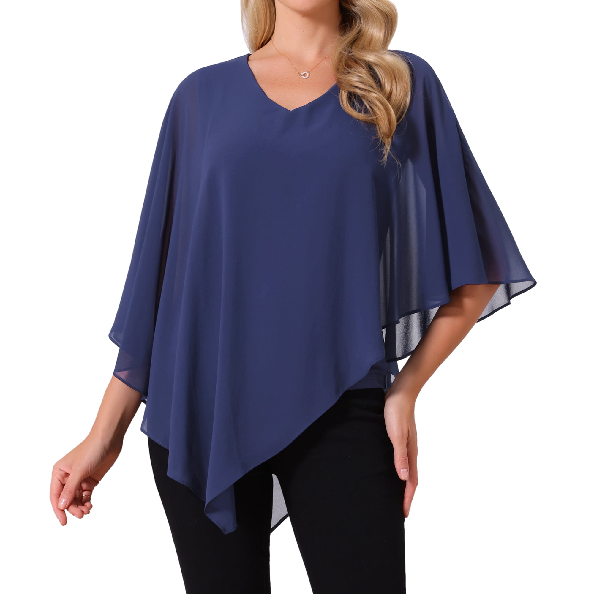 DARING DIVA Women's Flowy V Neck Chiffon Blouse Asymmetrical Top S Dark Blue