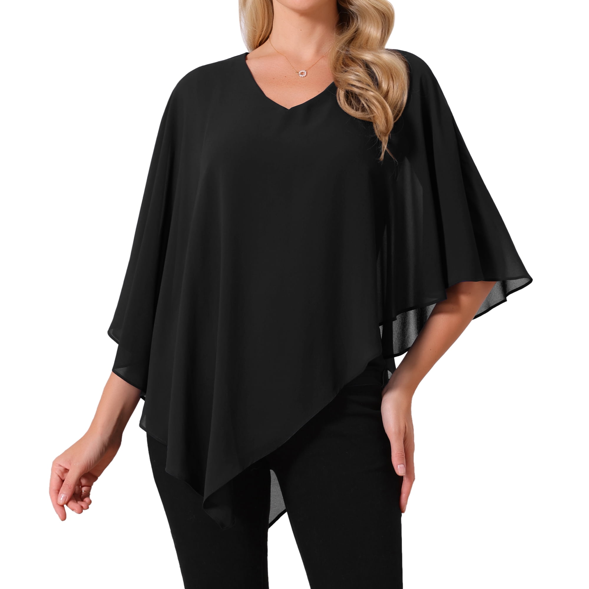DARING DIVA Women's Flowy V Neck Chiffon Blouse Asymmetrical Top XL Black
