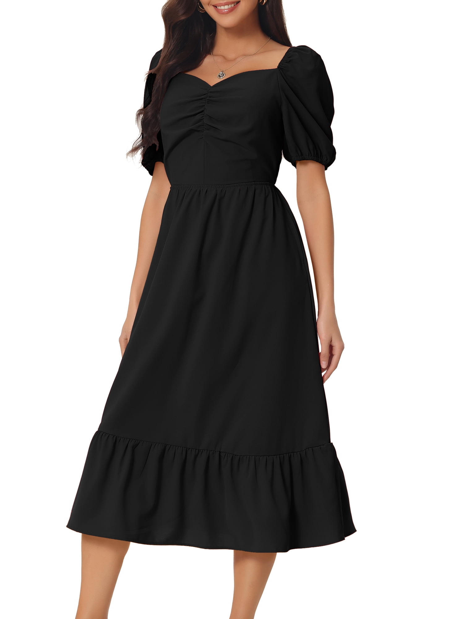 DARING DIVA Women's Flowy Beach Puff Sleeve Midi Dresses S Black
