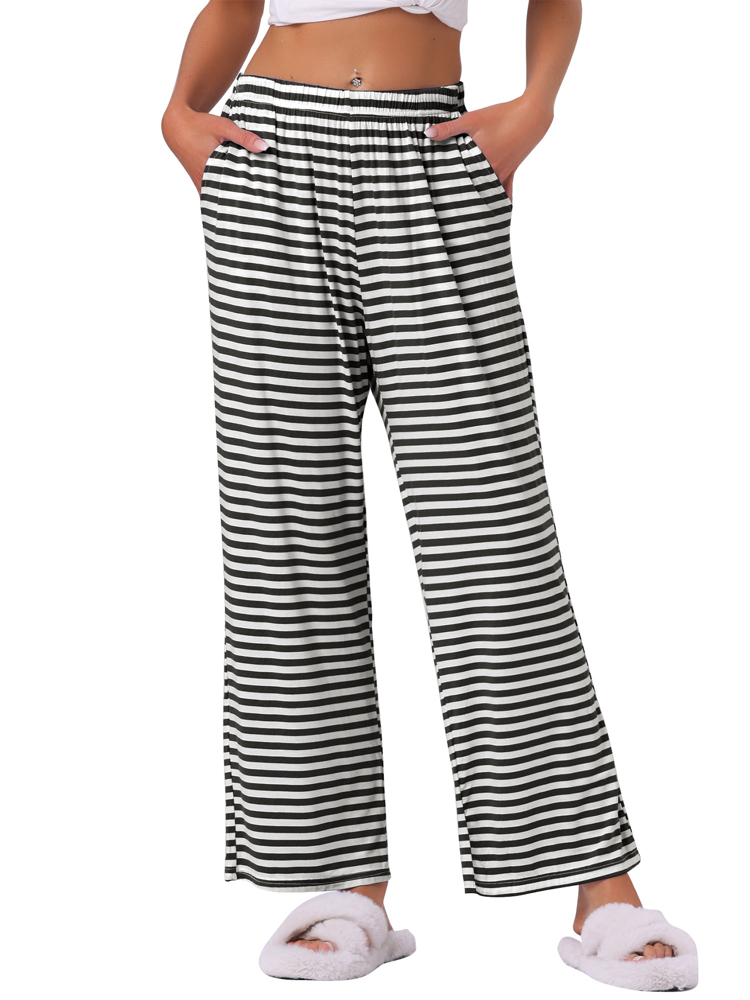 DARING DIVA Women's Flowy Cotton Wide Leg Lounge Pants L Deep Black Stripe