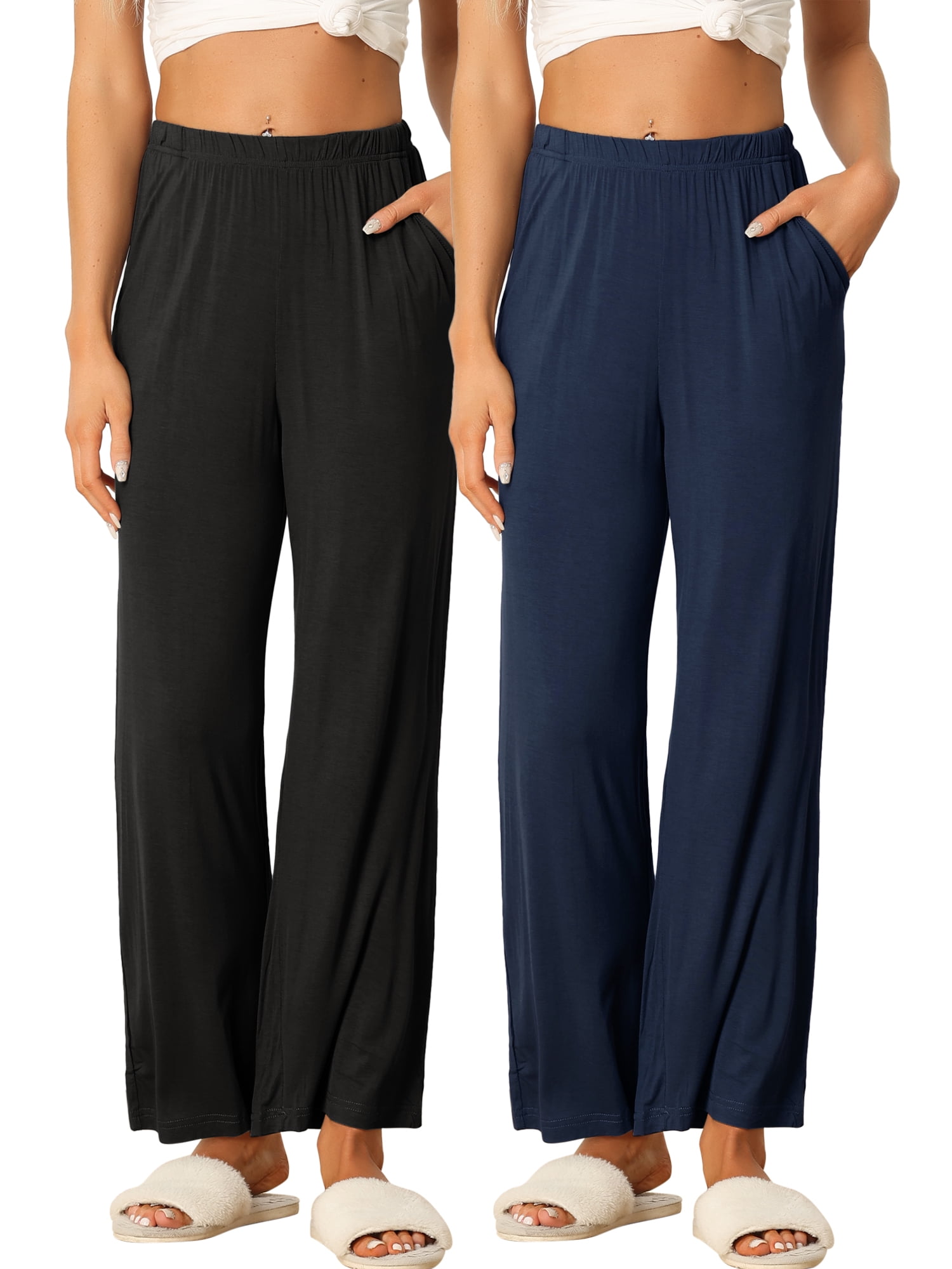 DARING DIVA Women's Flowy Cotton Wide Leg Lounge Pants M Deep Blue and Black