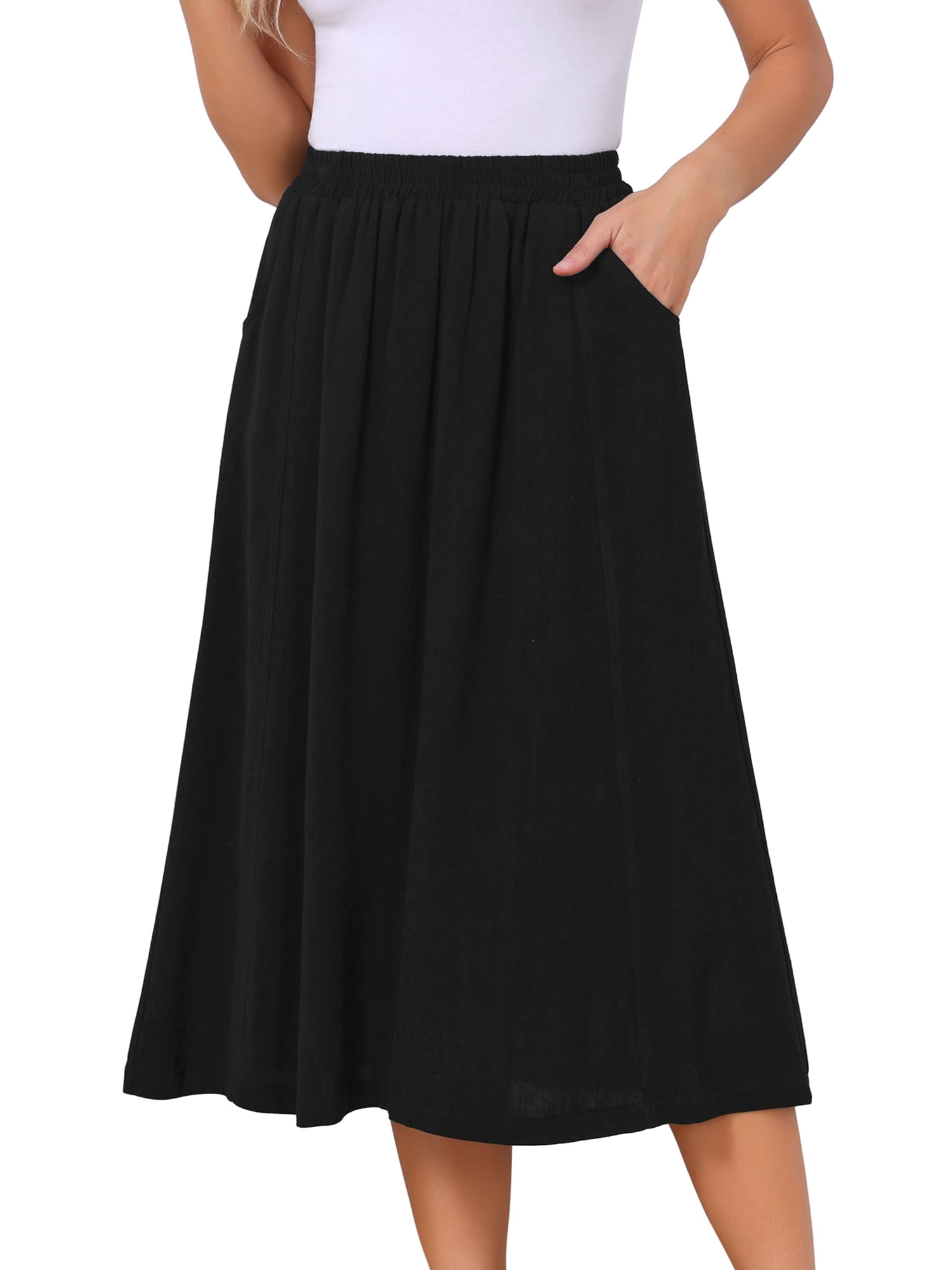 DARING DIVA Women's Flowy High Waist A-Line Midi with Pockets Skirt Medium Black