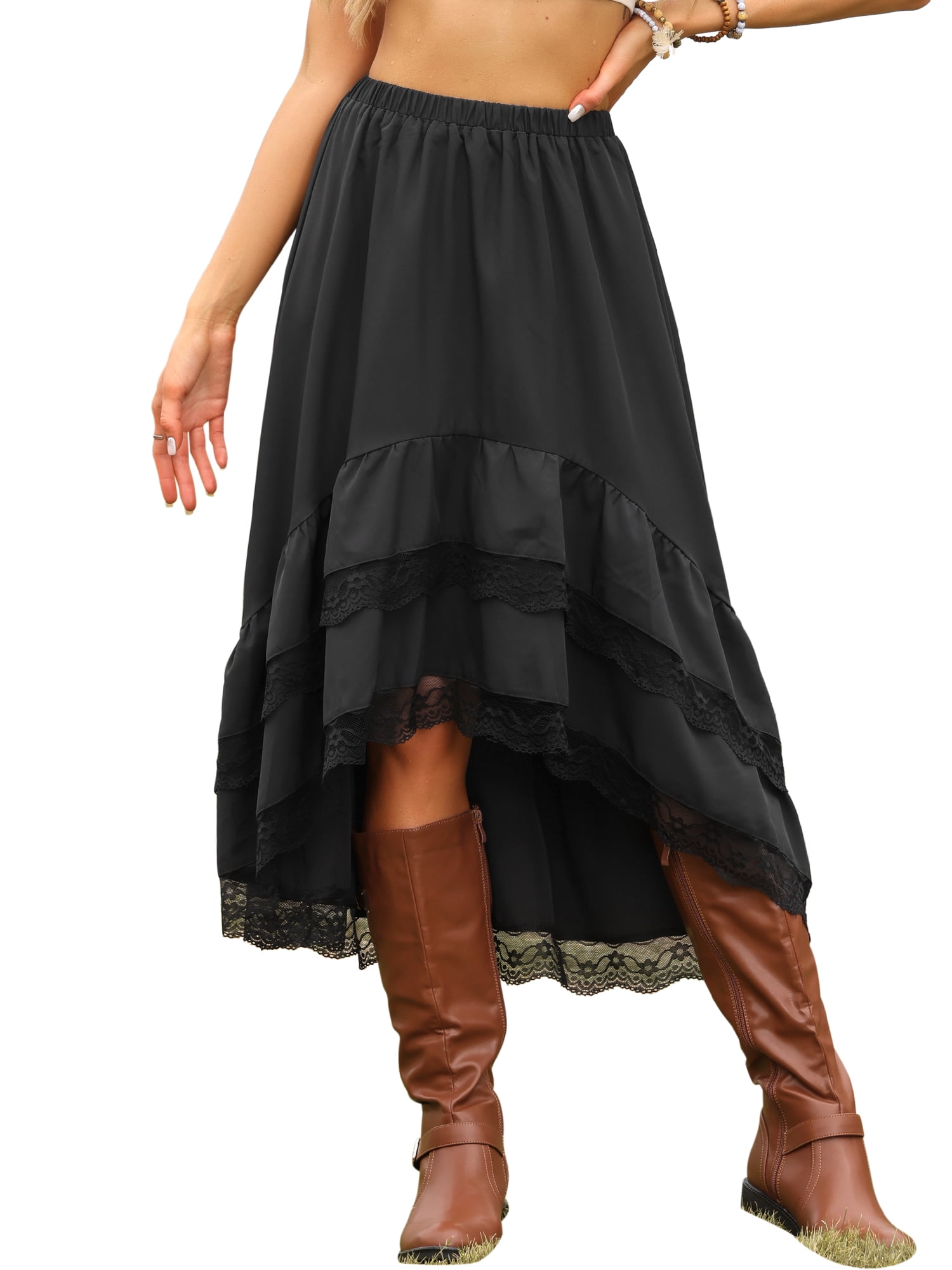 DARING DIVA Women's Flowy Lace Ruffled Midi Skirts Medium Black