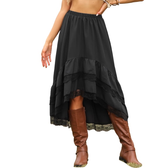 DARING DIVA Women's Flowy Lace Ruffled Midi Skirts X-Small Black