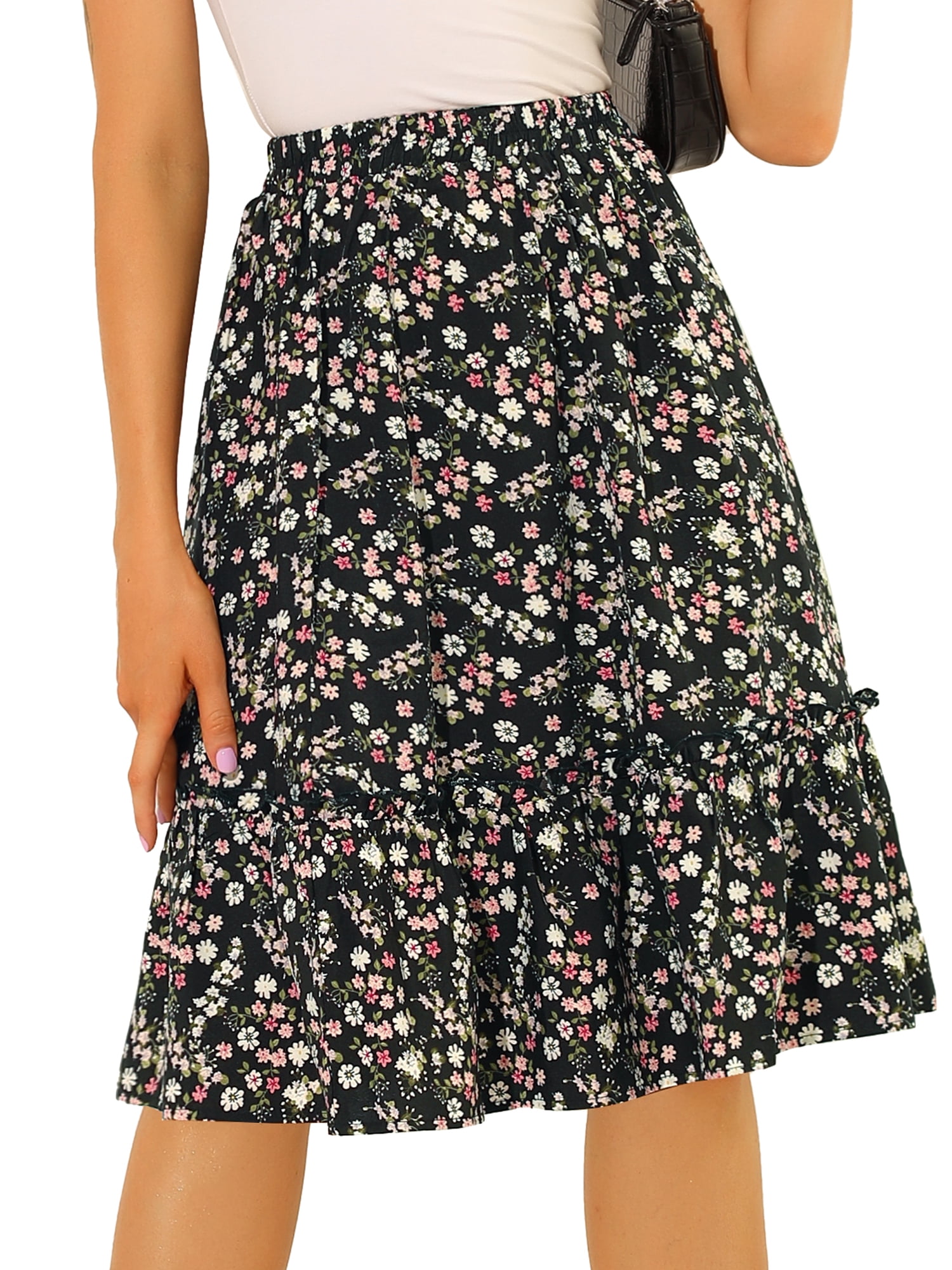 DARING DIVA Women's Flowy Ruffle Hem Tiered Floral Midi Skirt 2XL Black