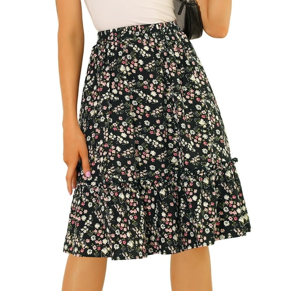 DARING DIVA Women's Flowy Ruffle Hem Tiered Floral Midi Skirt L Black