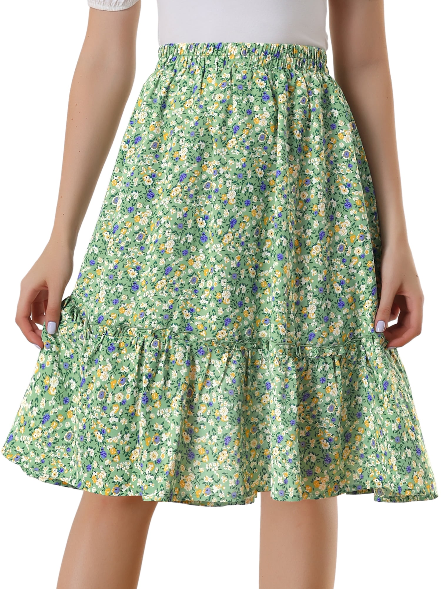 DARING DIVA Women's Flowy Ruffle Hem Tiered Floral Midi Skirt L Green