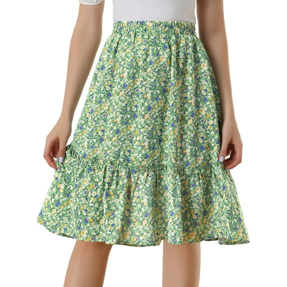 DARING DIVA Women's Flowy Ruffle Hem Tiered Floral Midi Skirt L Green