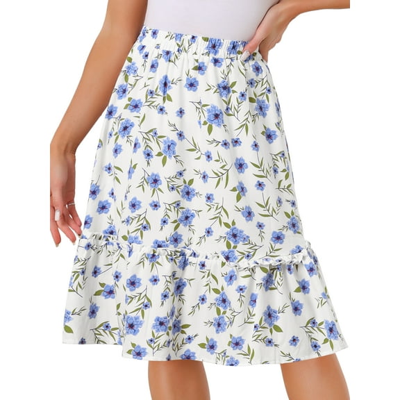 DARING DIVA Women's Flowy Ruffle Hem Tiered Floral Midi Skirt L Light Blue