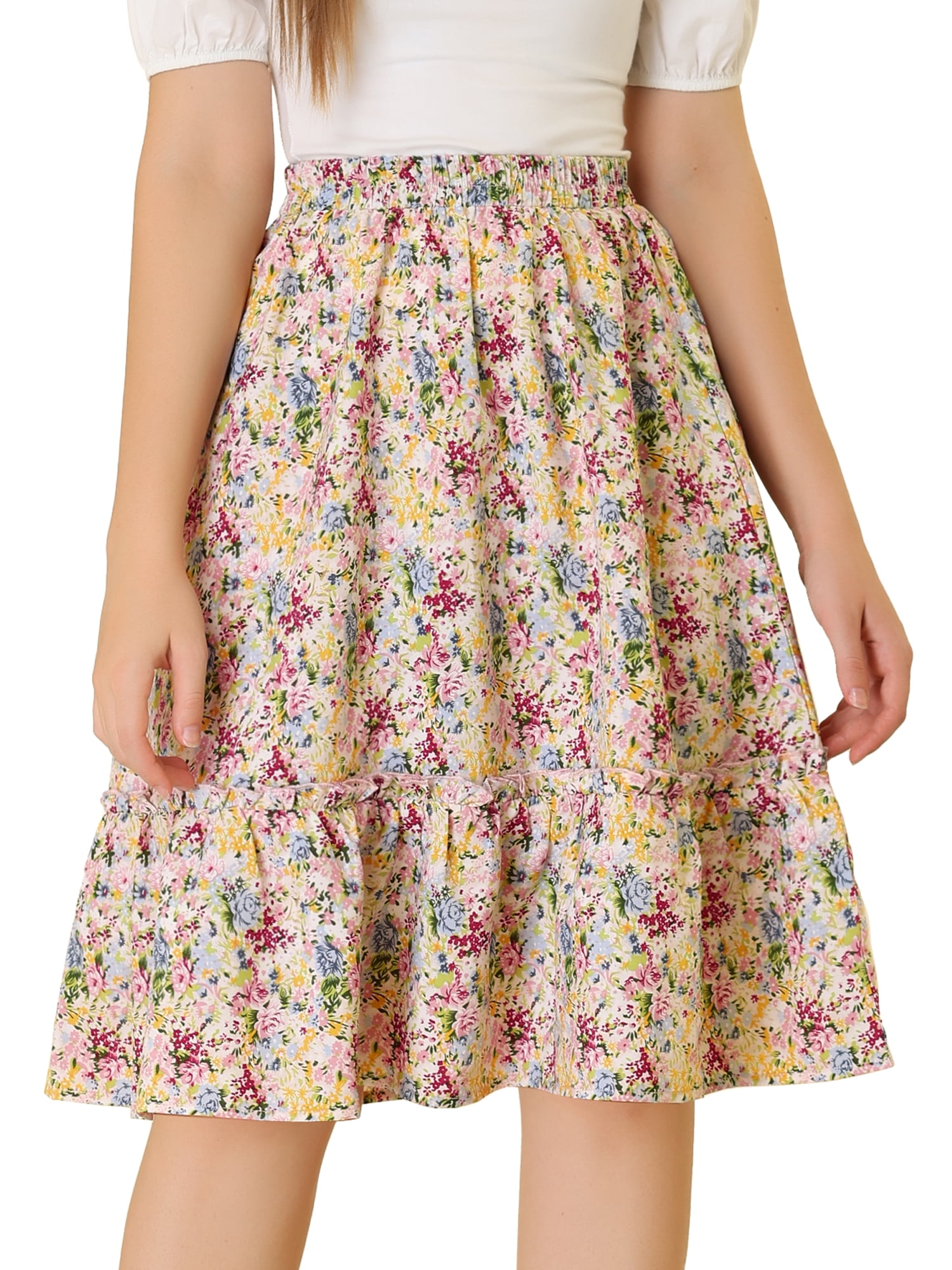 DARING DIVA Women's Flowy Ruffle Hem Tiered Floral Midi Skirt L Multicolor