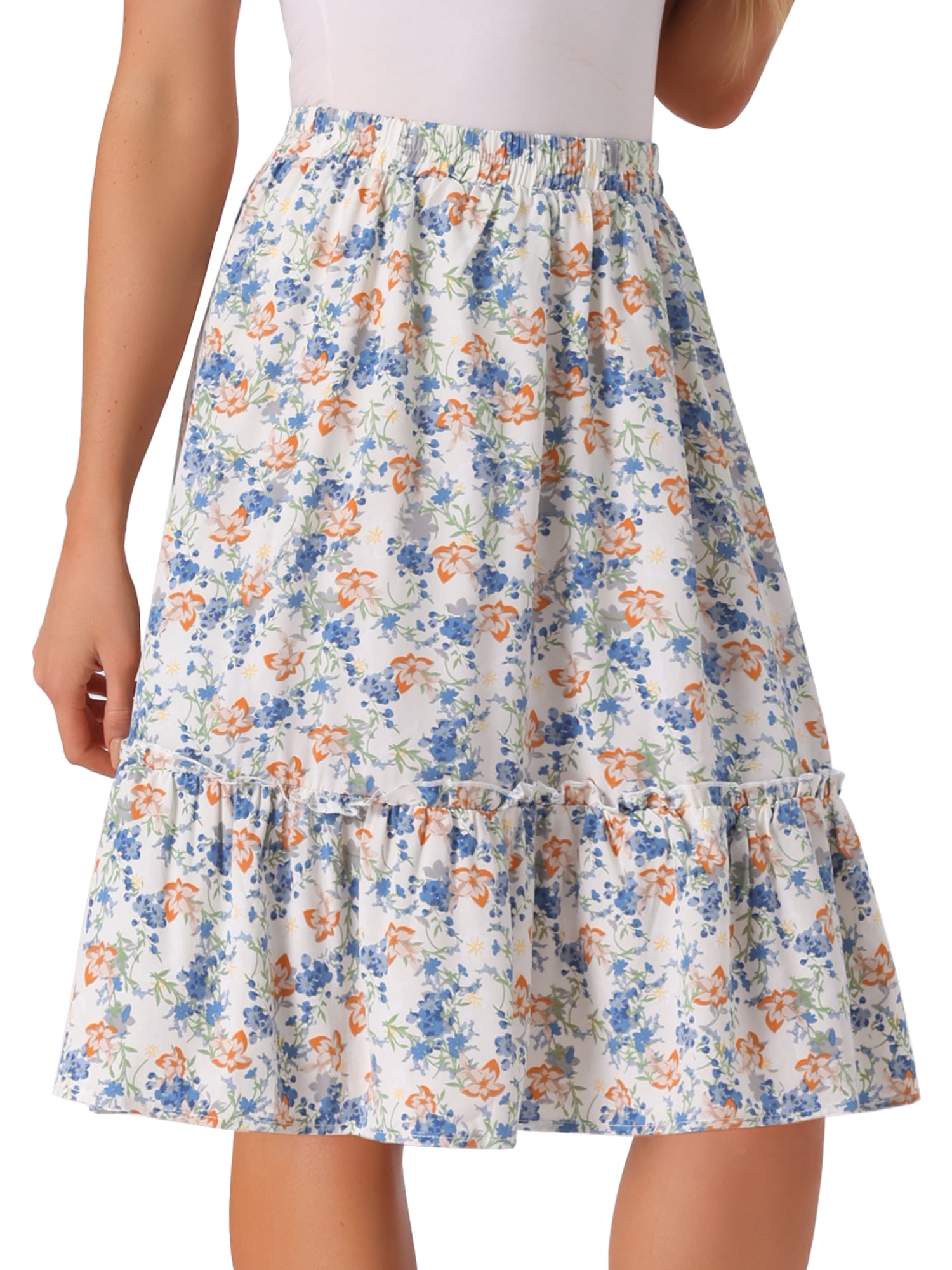 DARING DIVA Women's Flowy Ruffle Hem Tiered Floral Midi Skirt M Blue White