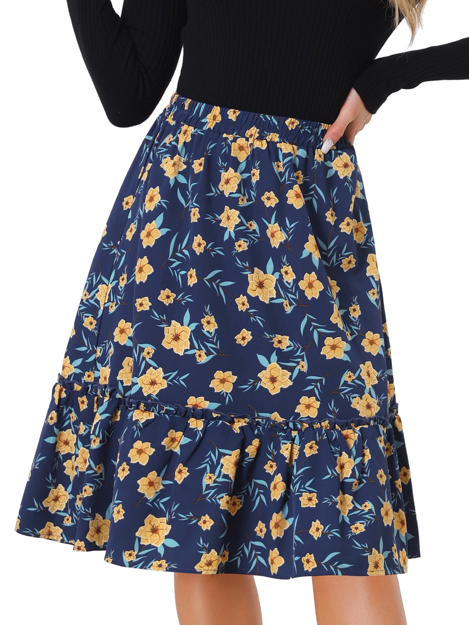 DARING DIVA Women's Flowy Ruffle Hem Tiered Floral Midi Skirt M Dark Blue