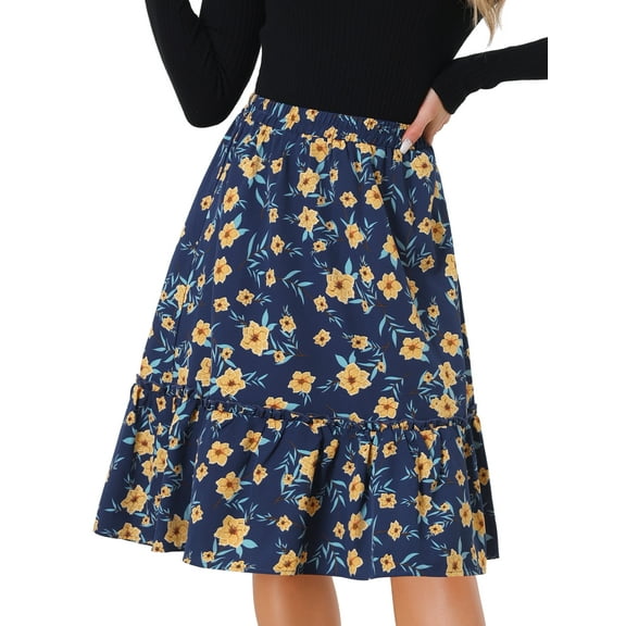 DARING DIVA Women's Flowy Ruffle Hem Tiered Floral Midi Skirt M Dark Blue