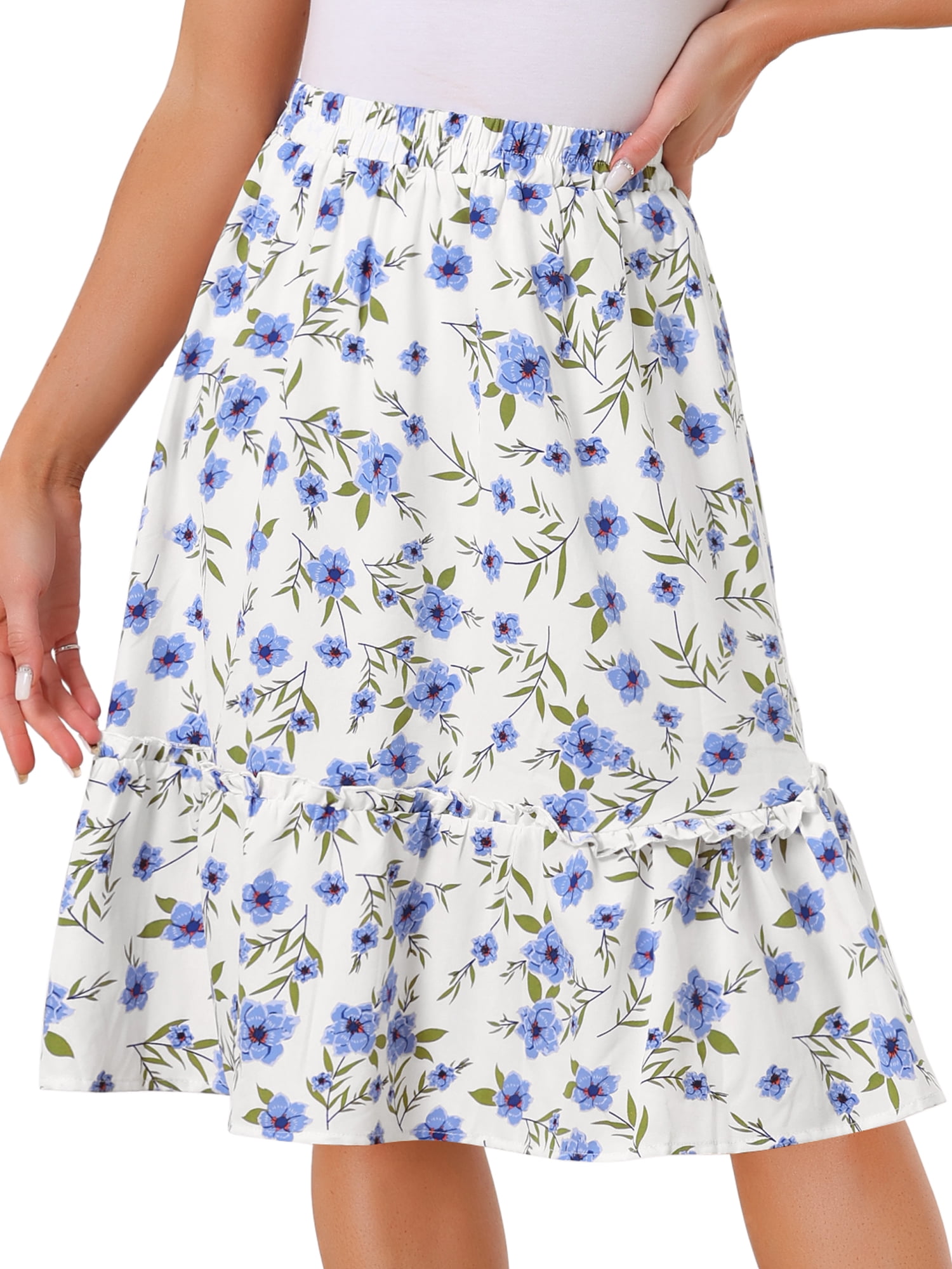 DARING DIVA Women's Flowy Ruffle Hem Tiered Floral Midi Skirt M Light Blue