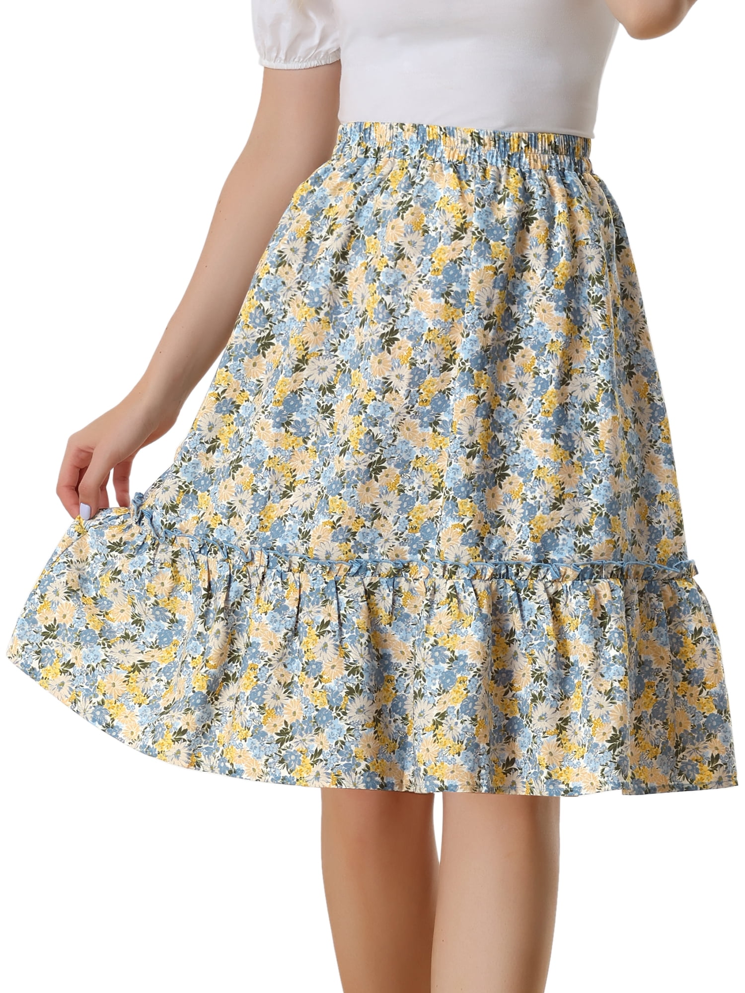 DARING DIVA Women's Flowy Ruffle Hem Tiered Floral Midi Skirt S White Yellow