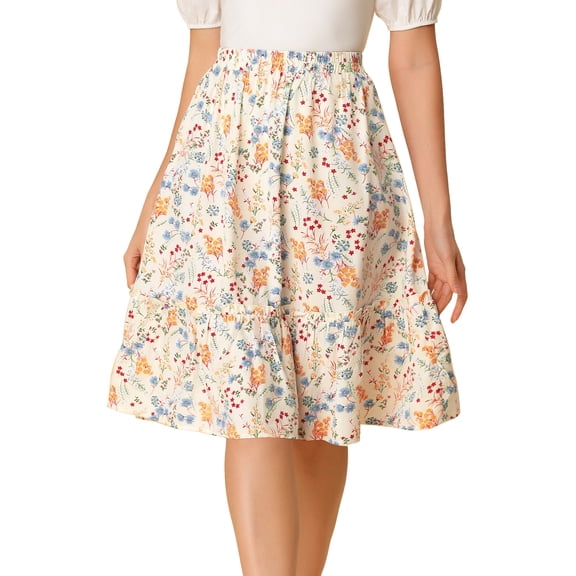 DARING DIVA Women's Flowy Ruffle Hem Tiered Floral Midi Skirt S White