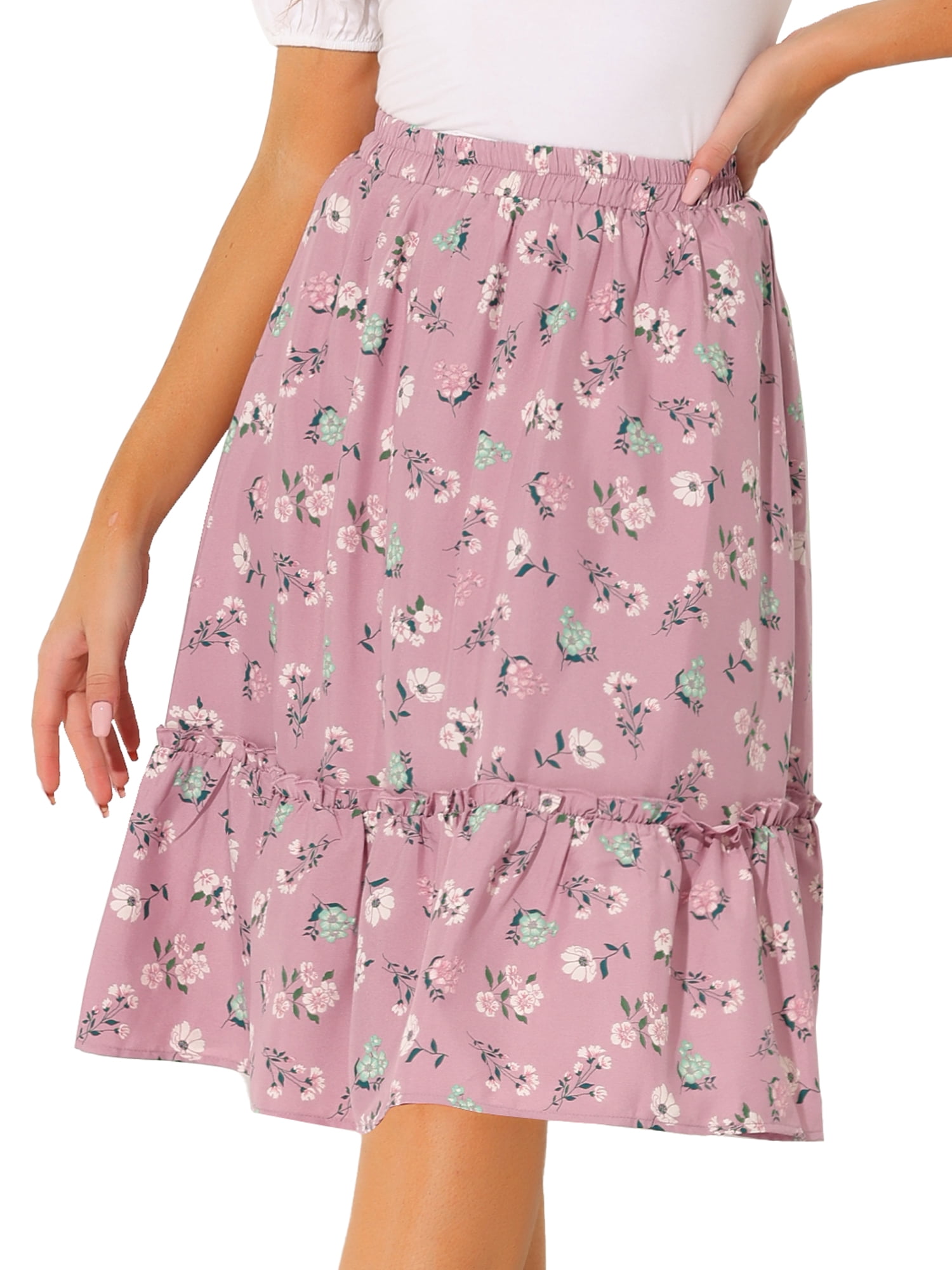 DARING DIVA Women's Flowy Ruffle Hem Tiered Floral Midi Skirt XL Dusty Pink