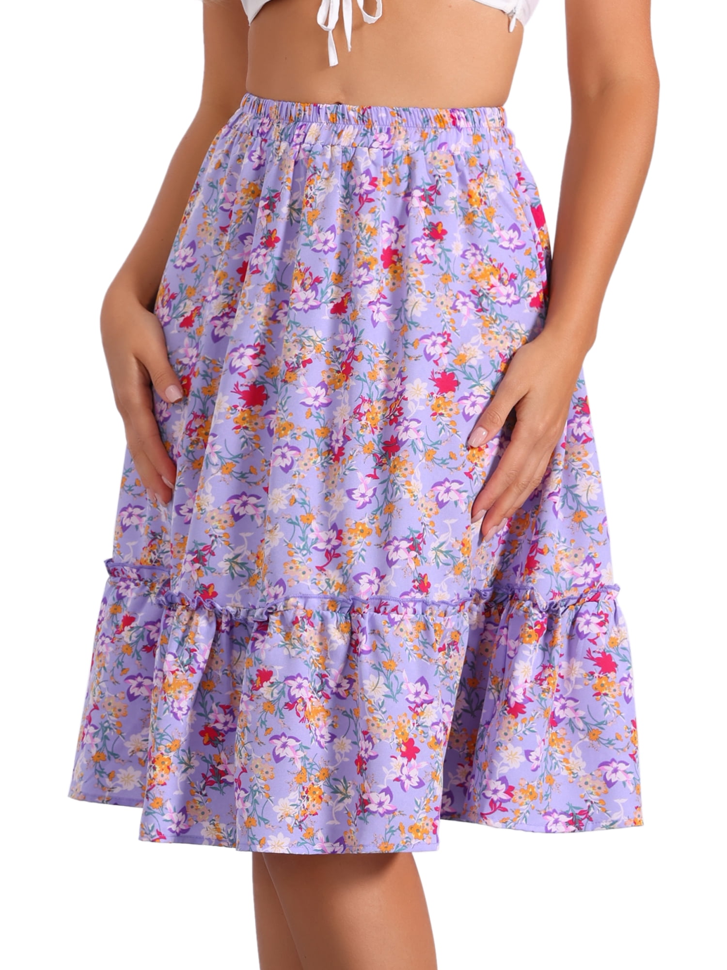 DARING DIVA Women's Flowy Ruffle Hem Tiered Floral Midi Skirt XL Light Purple