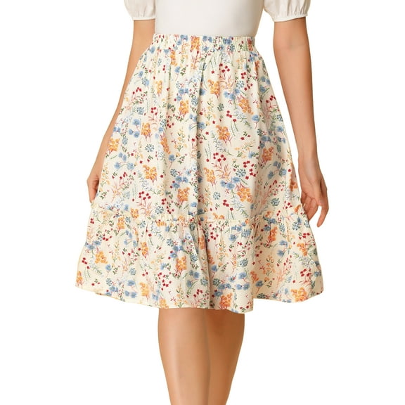 DARING DIVA Women's Flowy Ruffle Hem Tiered Floral Midi Skirt XL White