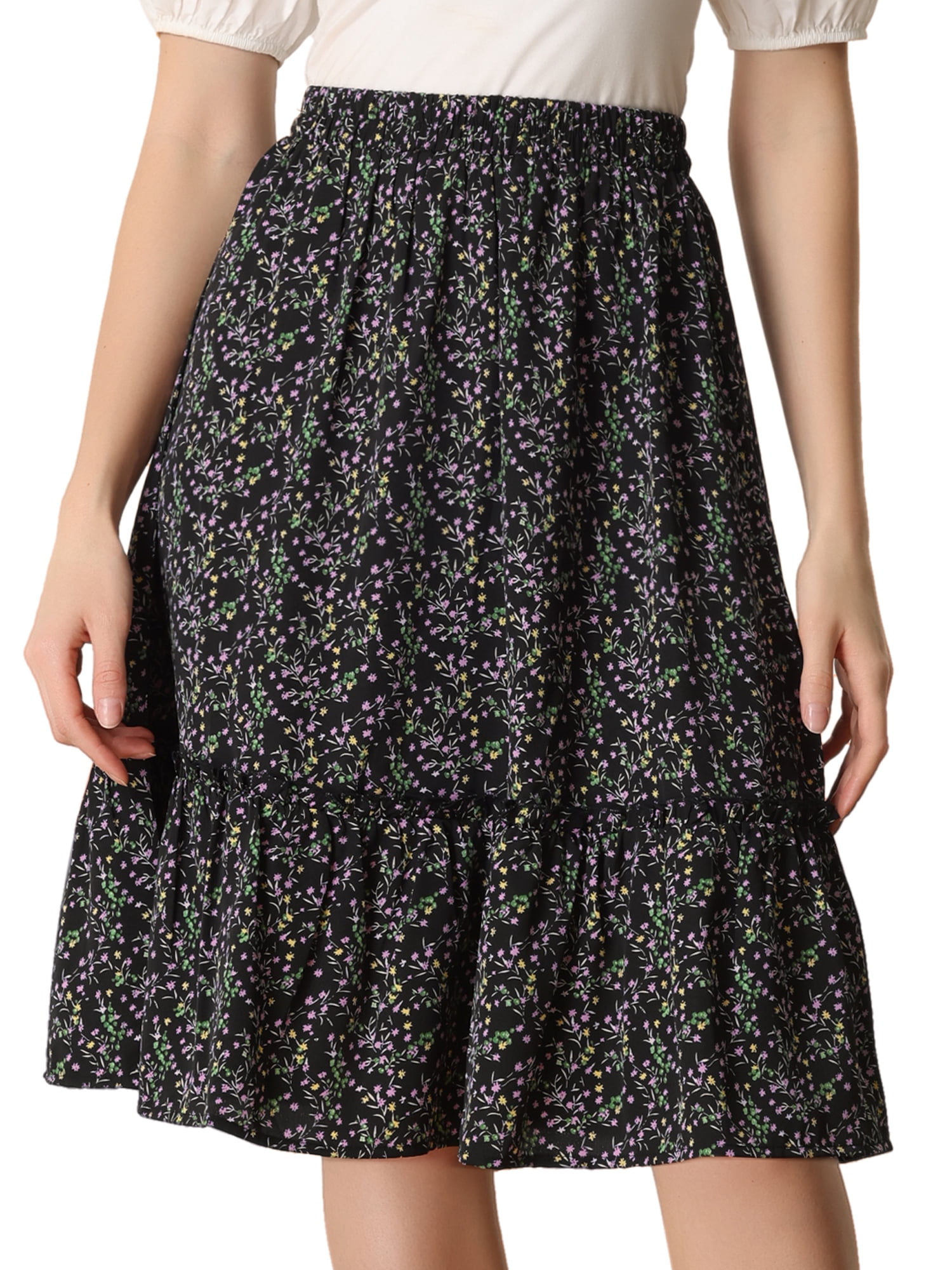 DARING DIVA Women's Flowy Ruffle Hem Tiered Floral Midi Skirt XS Black Floral