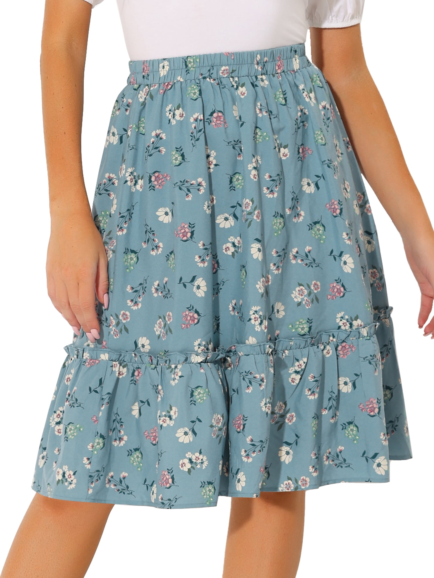 DARING DIVA Women's Flowy Ruffle Hem Tiered Floral Midi Skirt XS Dusty Blue