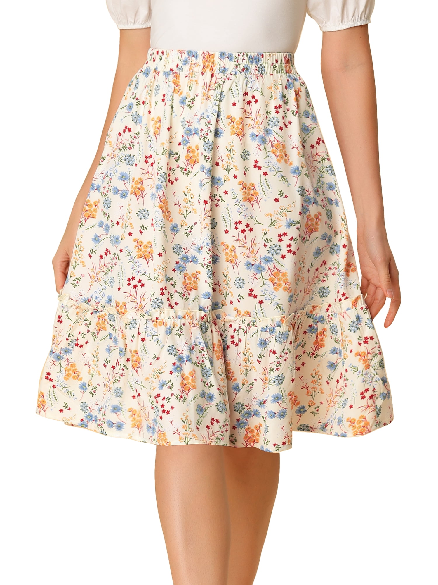 DARING DIVA Women's Flowy Ruffle Hem Tiered Floral Midi Skirt XS White