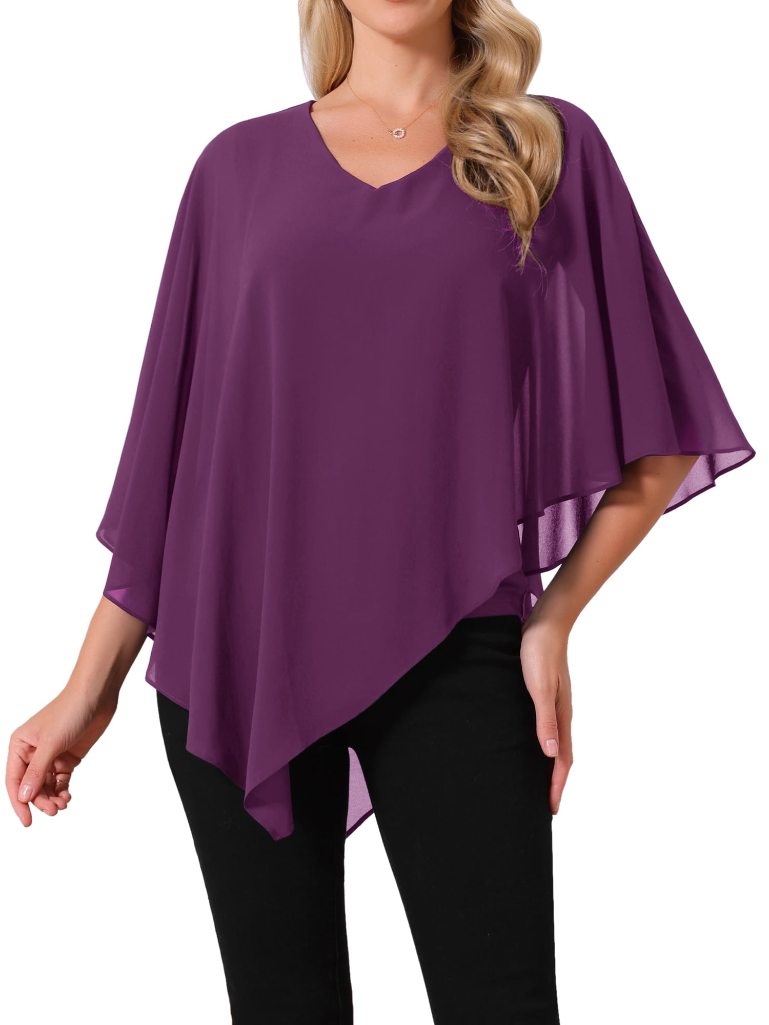 DARING DIVA Women's Flowy V Neck Chiffon Blouse Asymmetrical Top S Purple