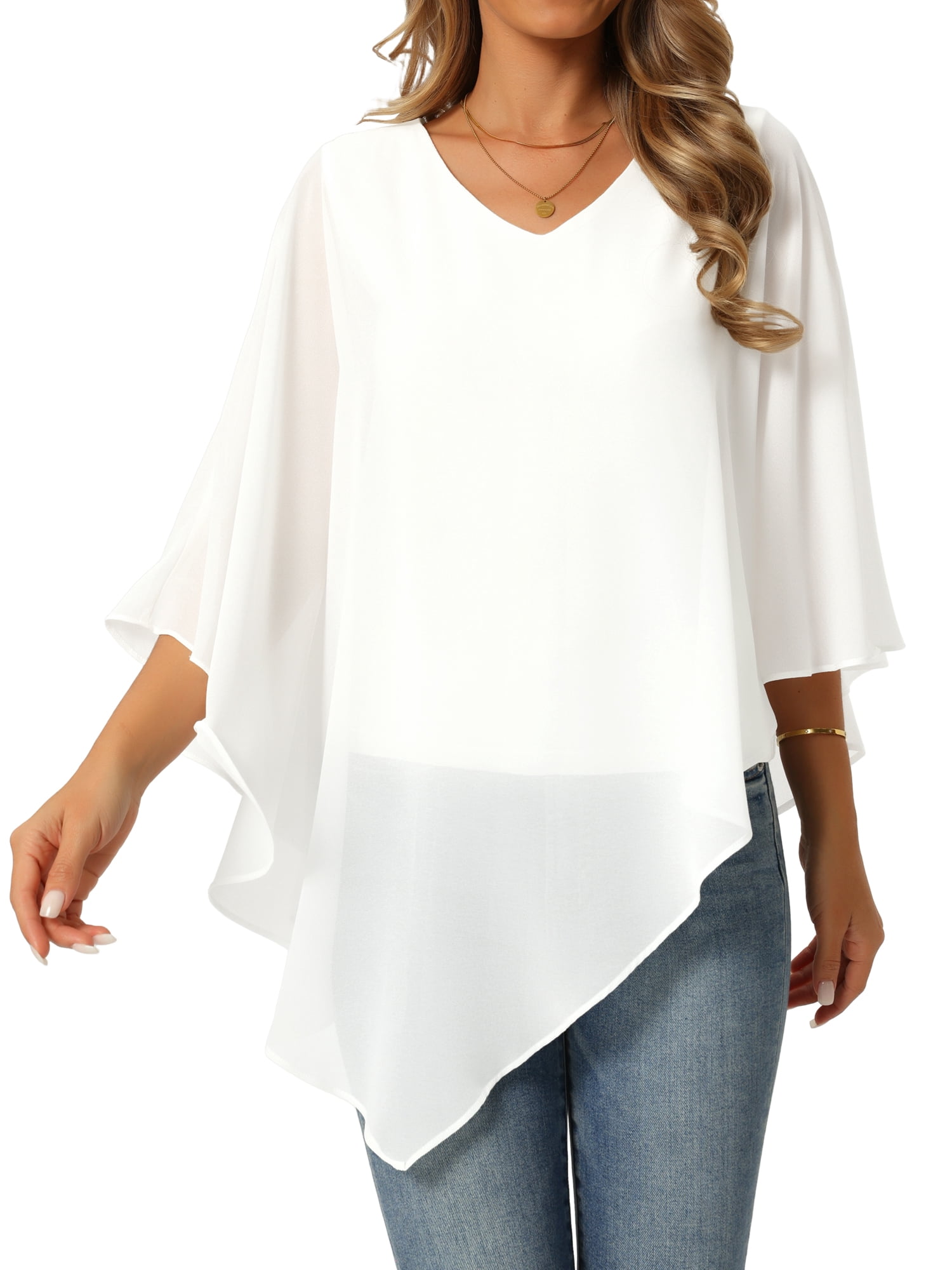 DARING DIVA Women's Flowy V Neck Chiffon Blouse Asymmetrical Top XL White