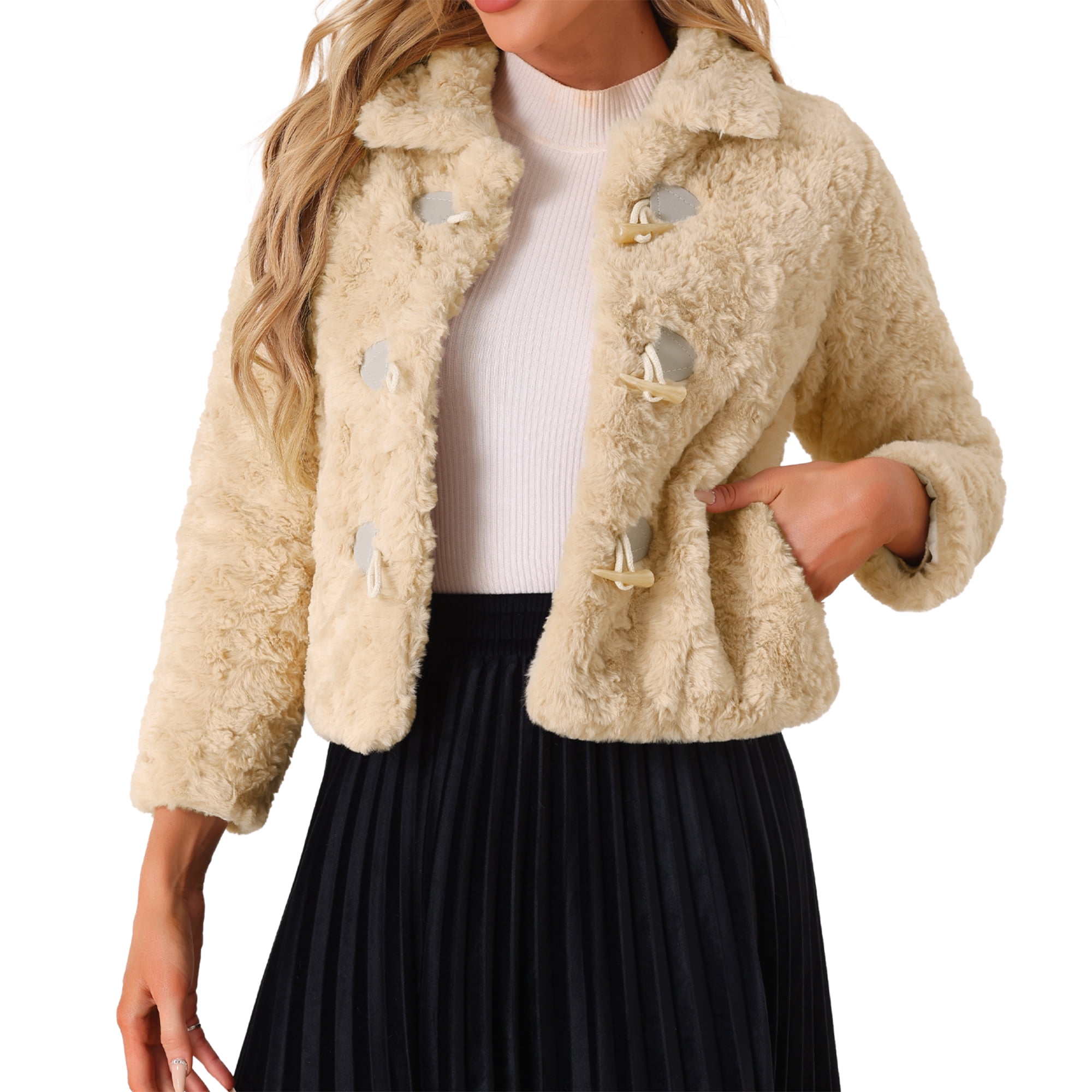 DARING DIVA Women's Fluffy Collar Cropped Faux Fur Coat M Apricot