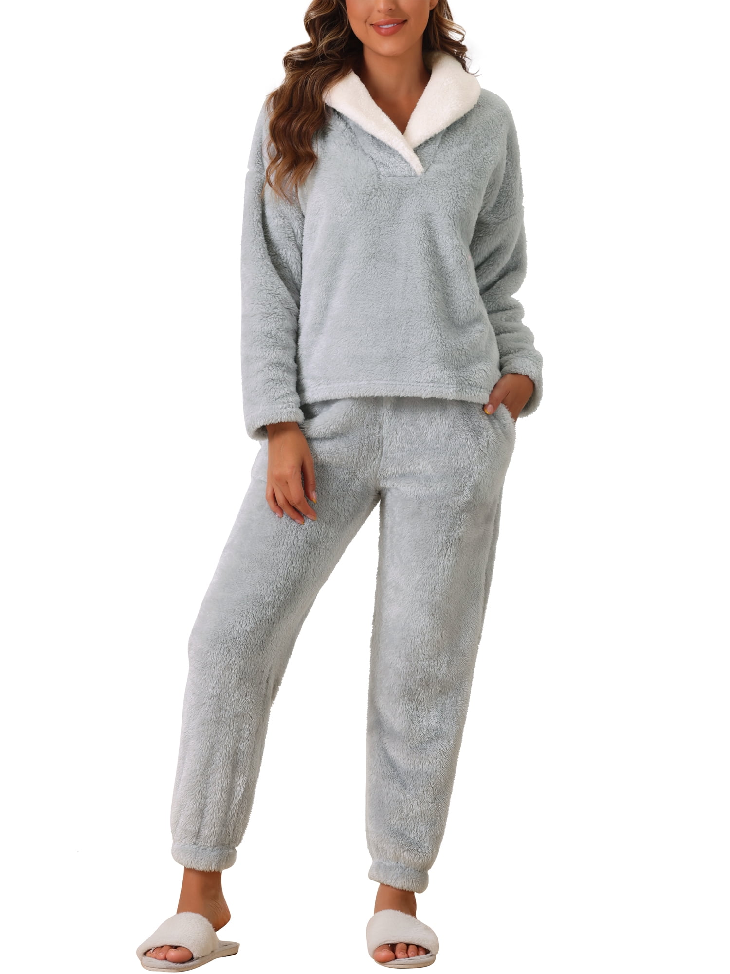 DARING DIVA Women's Fluffy Fleece Pullover Tops with Pants Plush Pajamas Sets Gray L