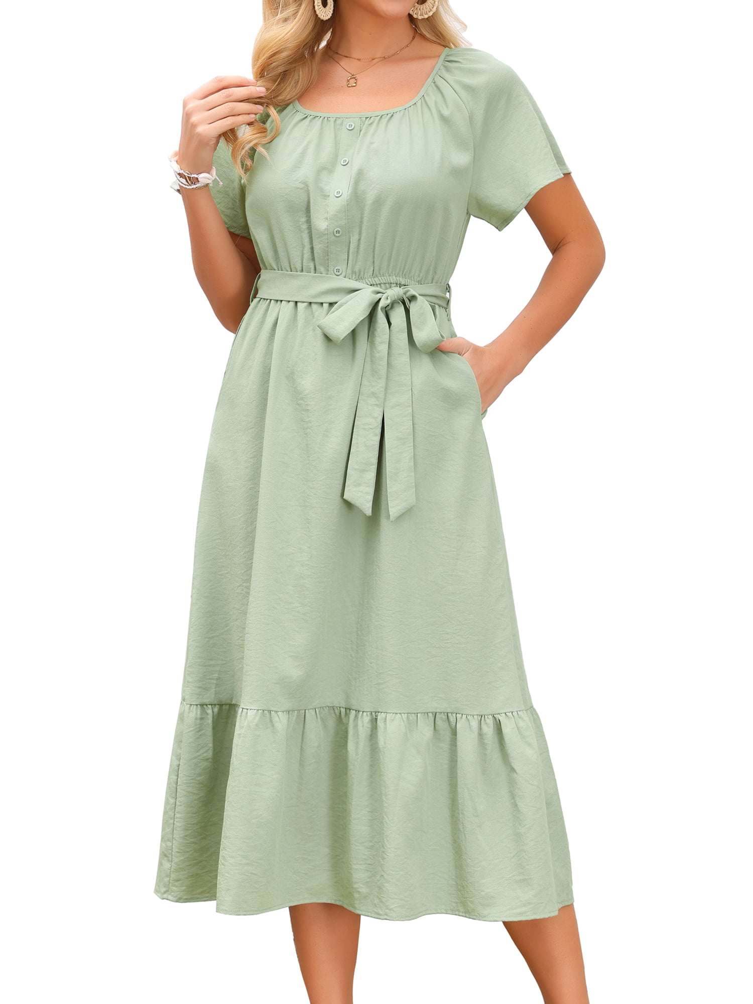 DARING DIVA Women's Flutter Short Sleeve Maxi Dress with Tie Waist S Light Green