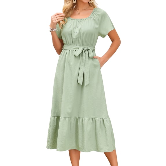 DARING DIVA Women's Flutter Short Sleeve Maxi Dress with Tie Waist S Light Green