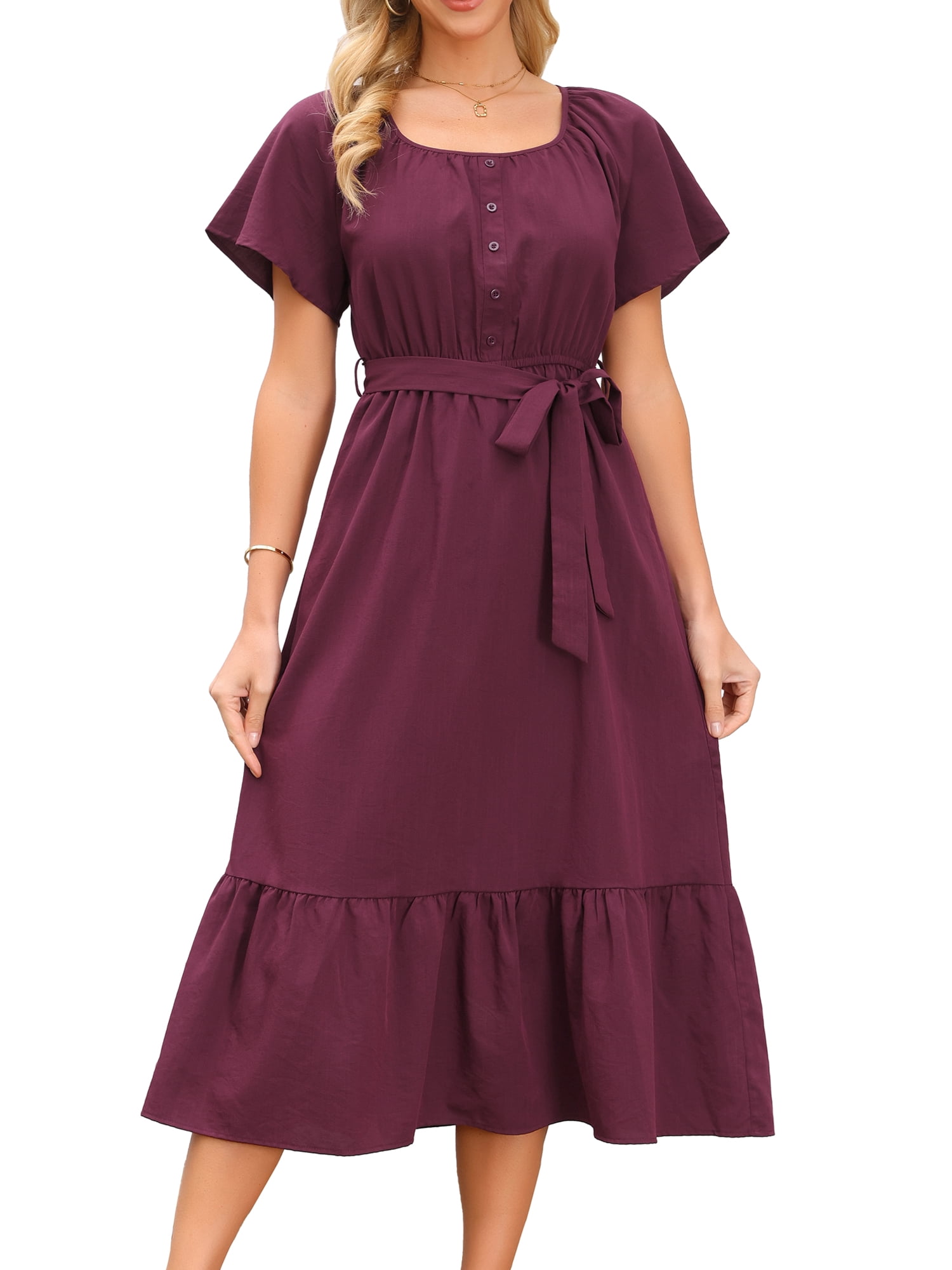 DARING DIVA Women's Flutter Short Sleeve Maxi Dress with Tie Waist S Wine Red