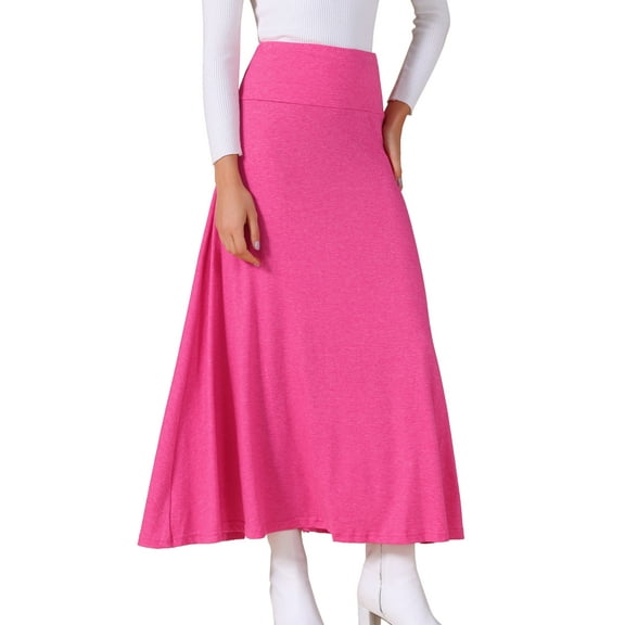DARING DIVA Women's Foldable High Waist Flowy Flare Maxi Skirts S Rose Red