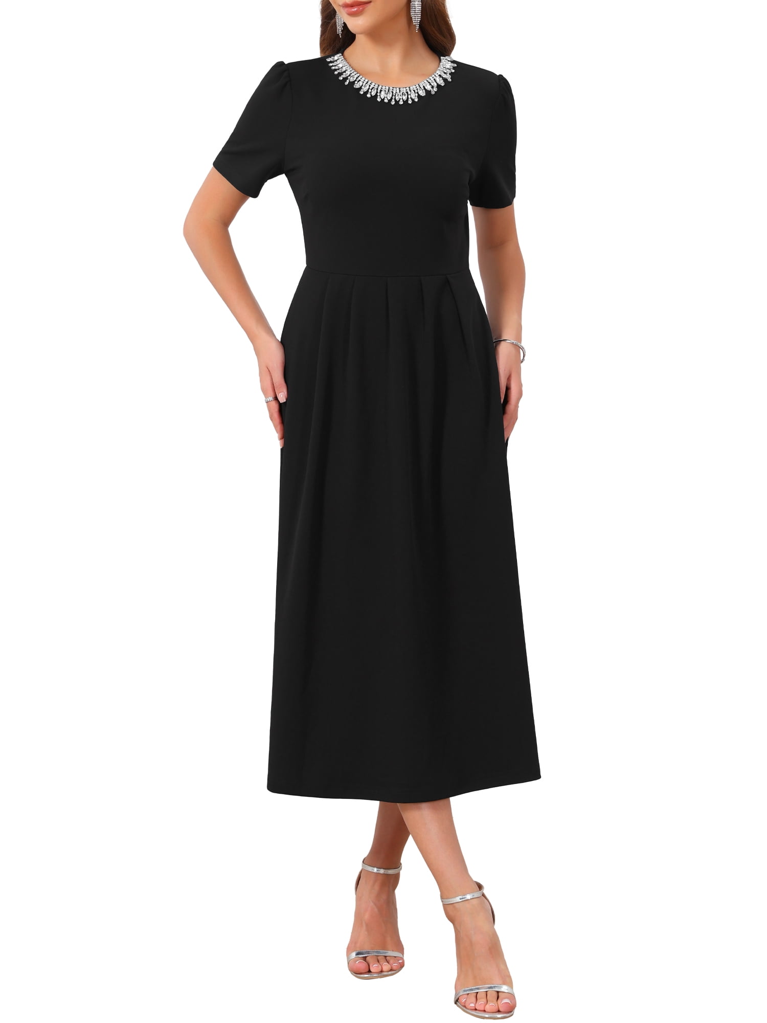 DARING DIVA Women's Formal Beaded Rhinestones Crewneck Cocktail Dress 2XL Black