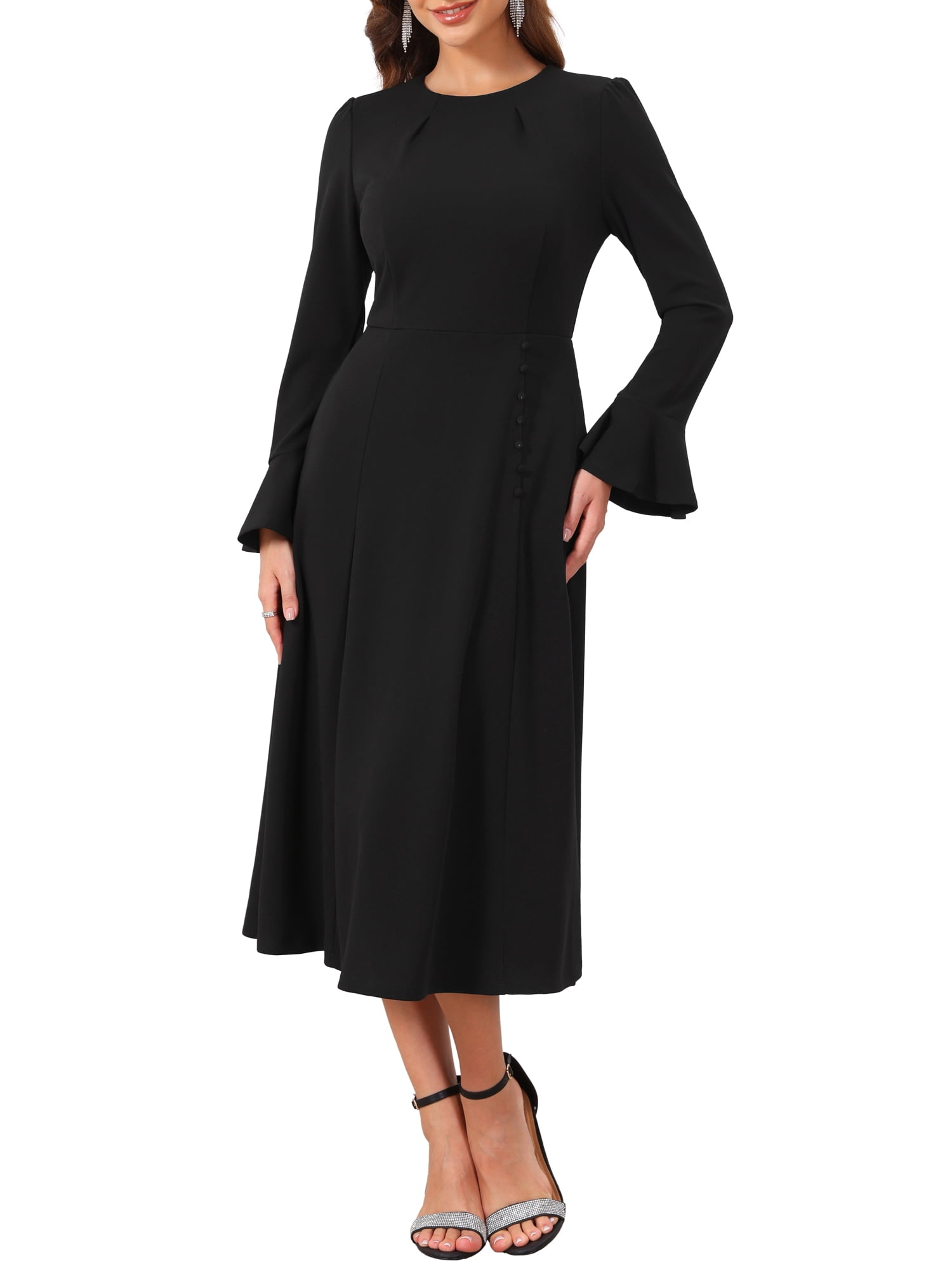 DARING DIVA Women's Formal Bell Sleeve Crewneck A-Line Pockets Dress M Black
