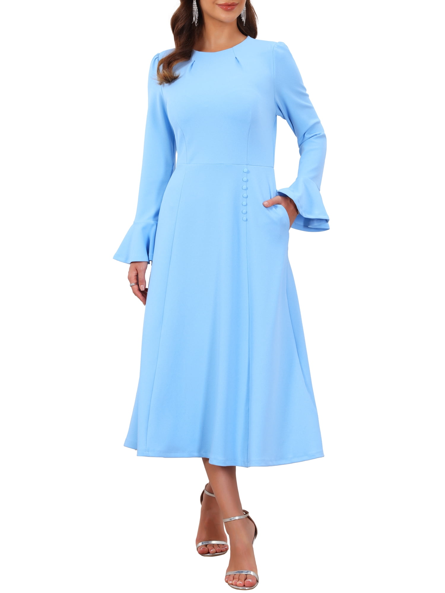 DARING DIVA Women's Formal Bell Sleeve Crewneck A-Line Pockets Dress M Sky Blue