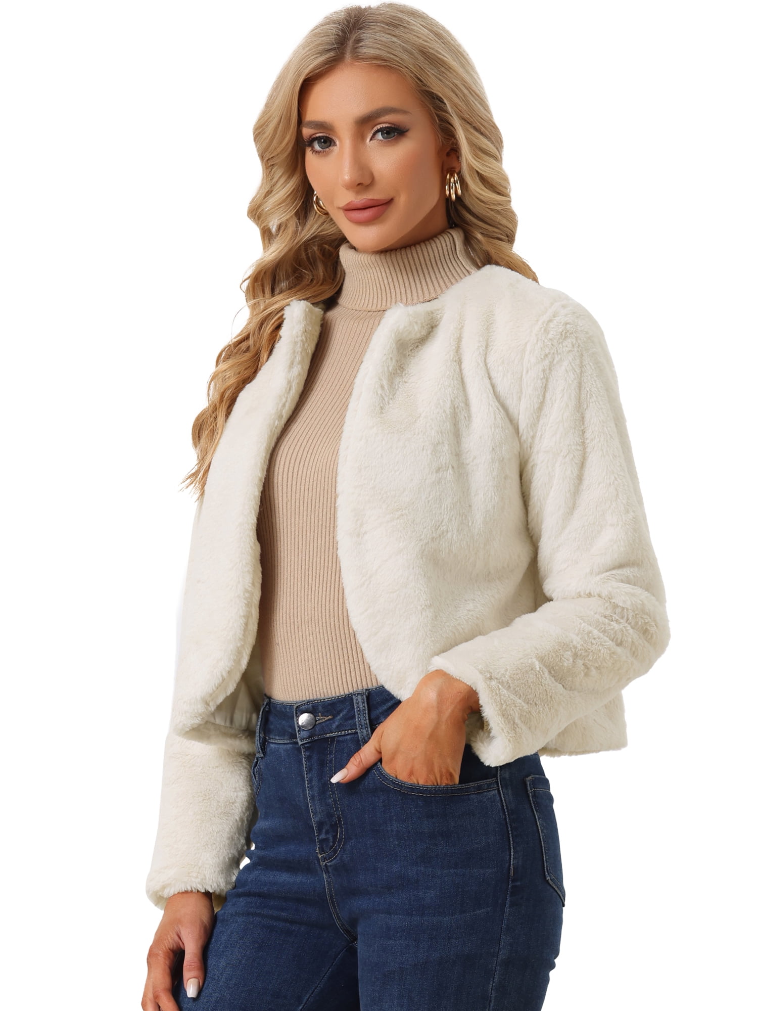 DARING DIVA Women's Formal Bolero Shrug Cropped Faux Fur Jacket XL Beige