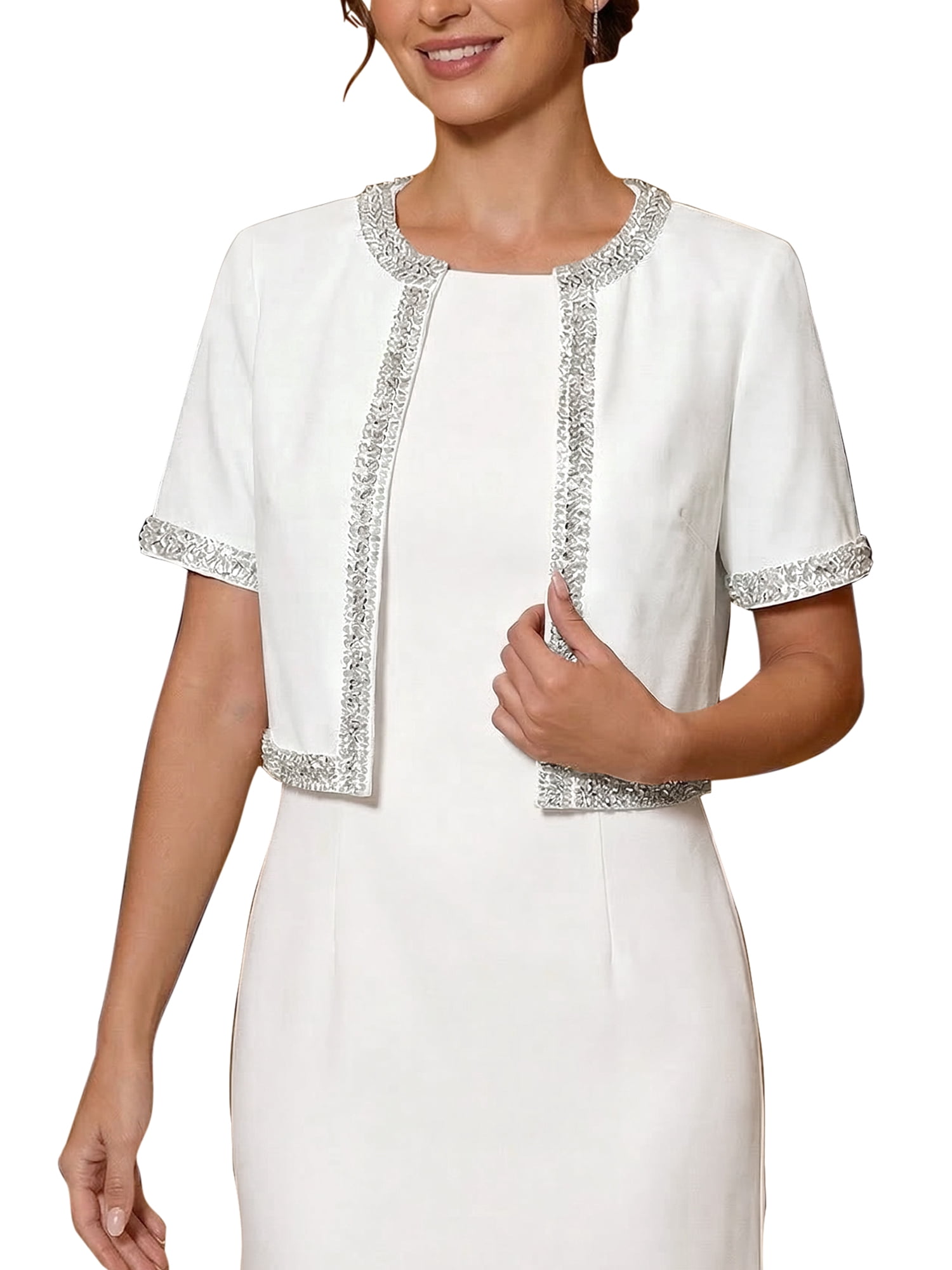 DARING DIVA Women's Formal Cocktail Wedding Sequin Bolero Shrug M White