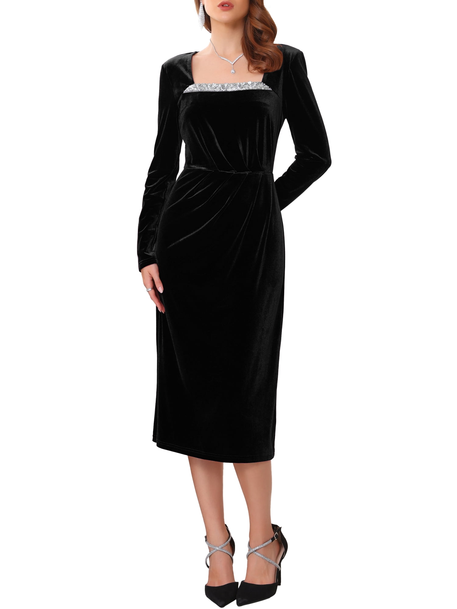 DARING DIVA Women's Formal Ruched Sequin Neck Cocktail Velvet Dress M Black