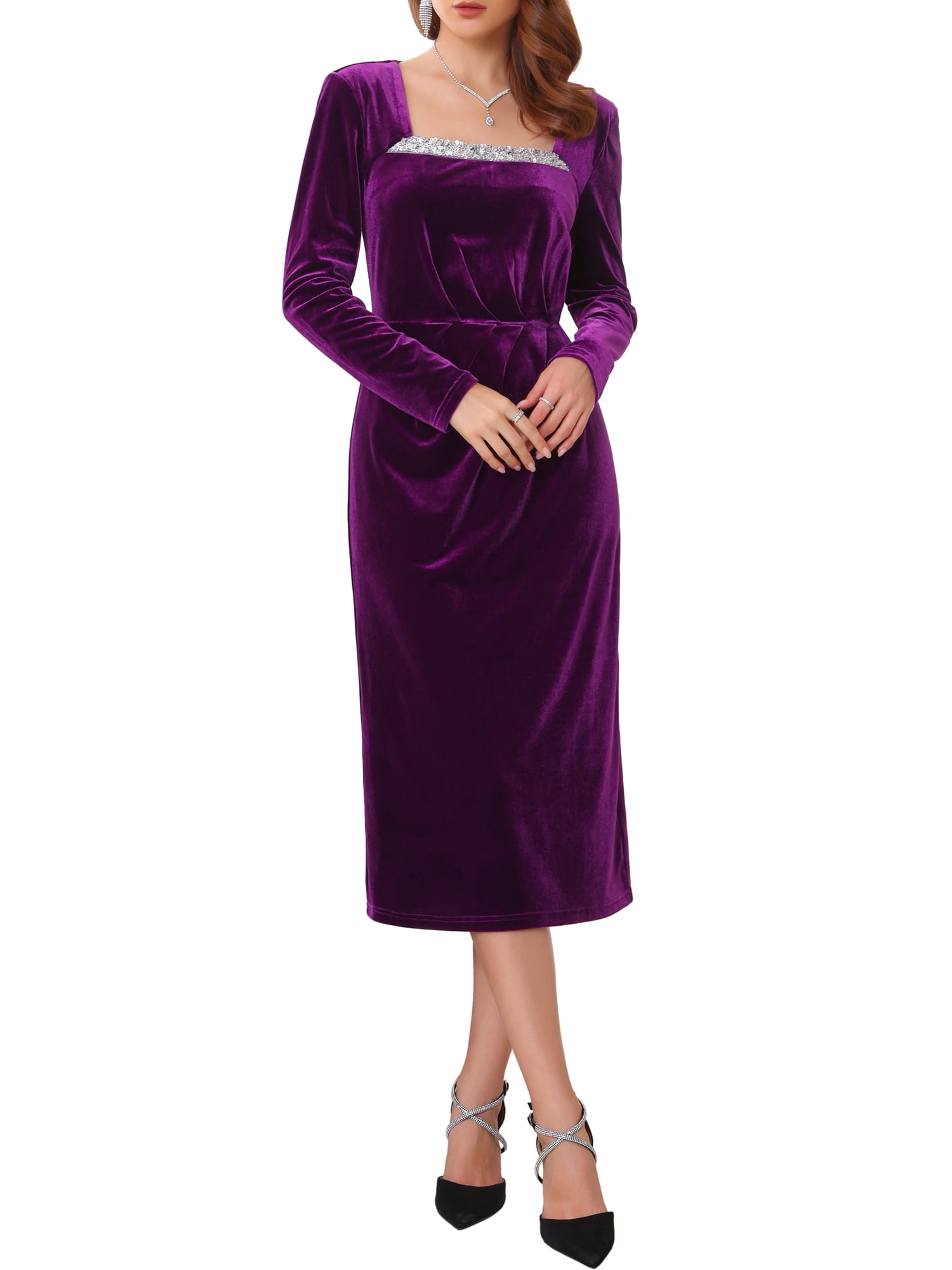 DARING DIVA Women's Formal Ruched Sequin Neck Cocktail Velvet Dress S Purple