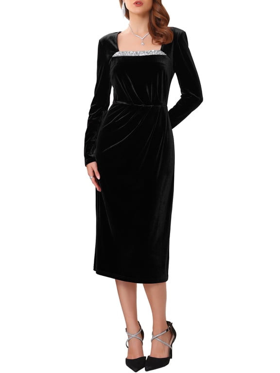 Women's Formal Ruched Sequin Neck Cocktail Velvet Dress XL Black